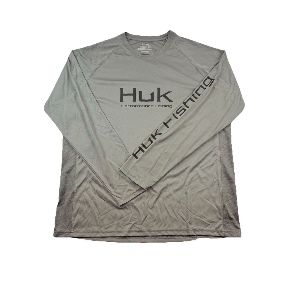 Huk Fishing Pursuit Performance Crew Long Sleeve Shirt Mens XL Gray Sleeve Print